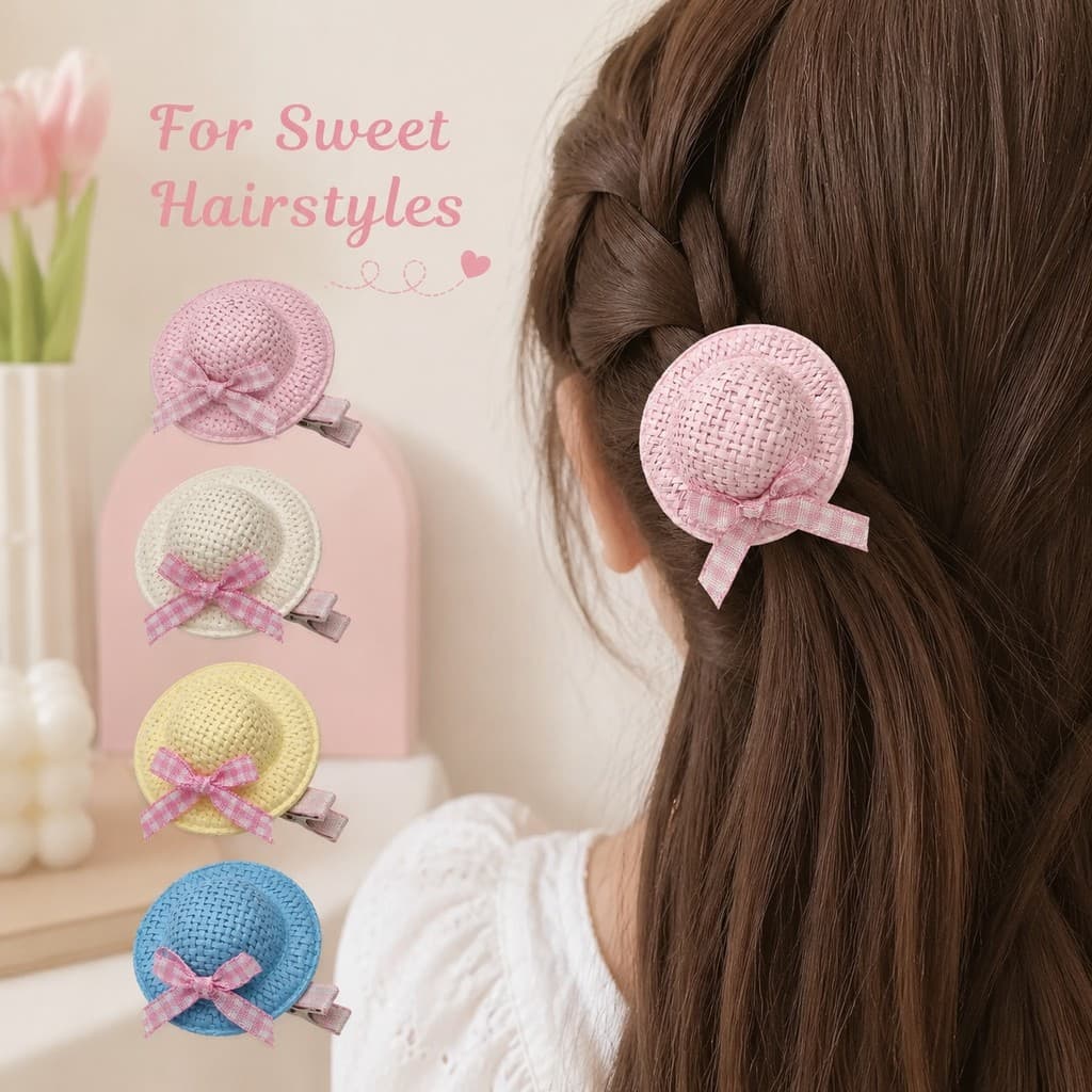 Pequeno Chapéu De Palha Tecido Grampo De Cabelo Com Laço Xadrez Adorável Doce Presilha Para Mulheres Crianças Uso Casual
