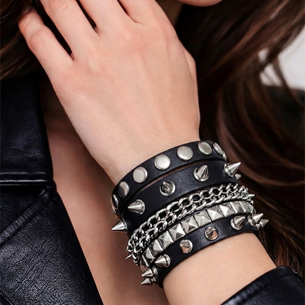 Kit 3 Pulseiras Punk para Homem – Camadas Múltiplas com Corrente de Rebites e Acessórios de Couro, Estilo Retro e Person