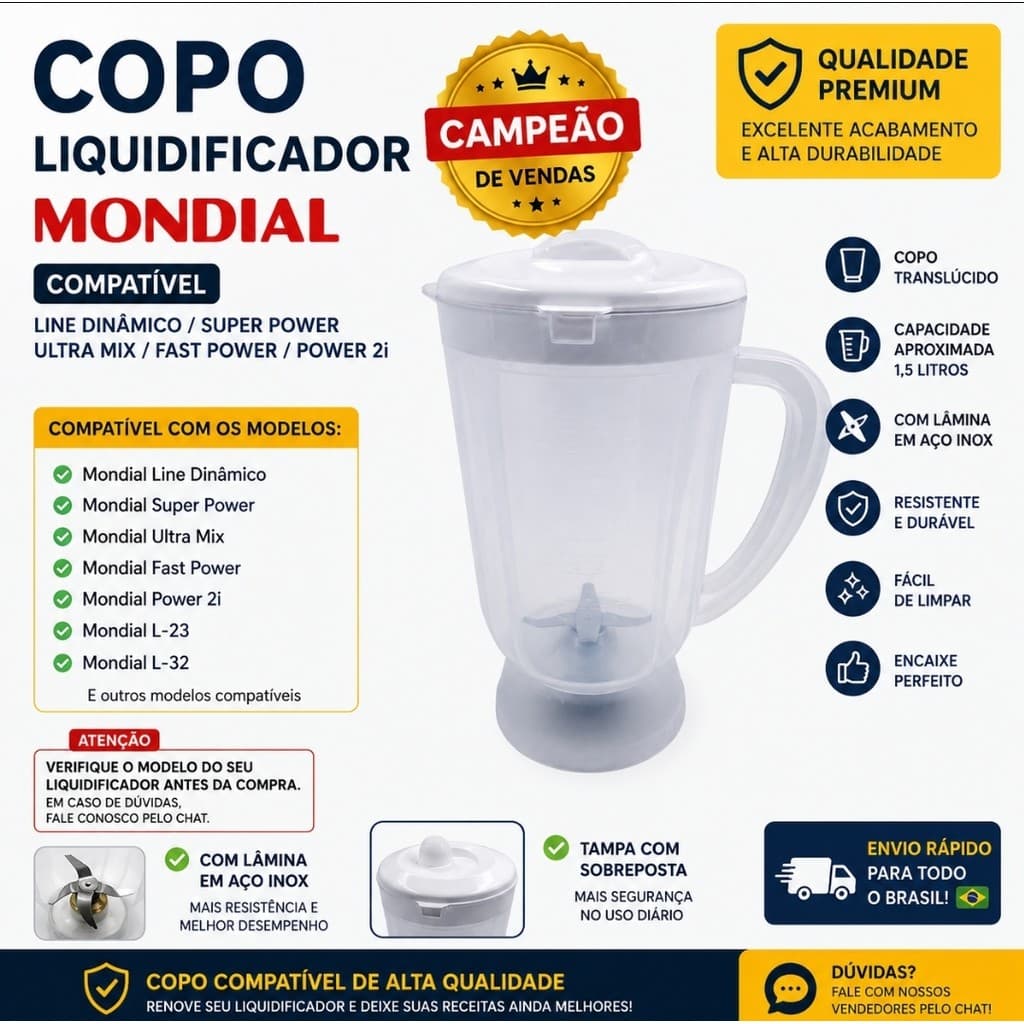 Copo Liquidificador Mondial Line Ultra Mix Fast Power Dinamico Super Power L23 L32 Compatível Qualidade Envio Rápido