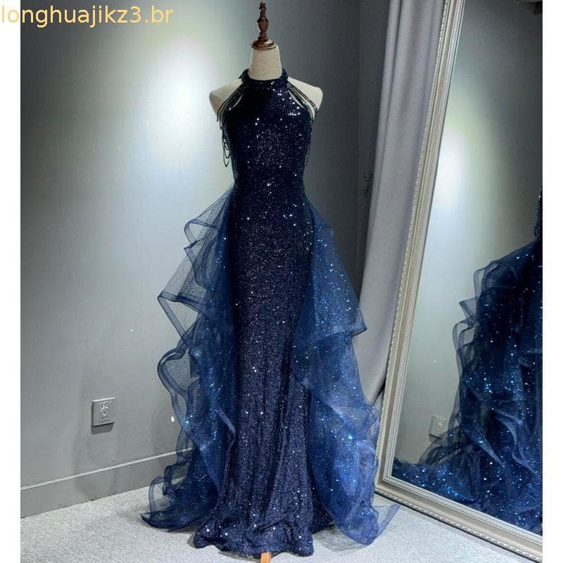 Vestido de Noite Azul Mulheres 2025 Novo Luxo Leve Nicho Alta Qualidade Piano Vocal Violino Exame de Arte Apresentadora