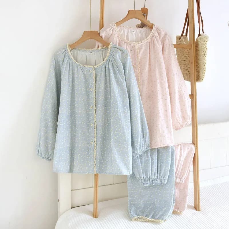 2026 Novo Conjunto De Pijama Feminino Primavera/Verão 100 % Algodão Dupla Camada Gaze Em Torno Do Pescoço Floral Manga L