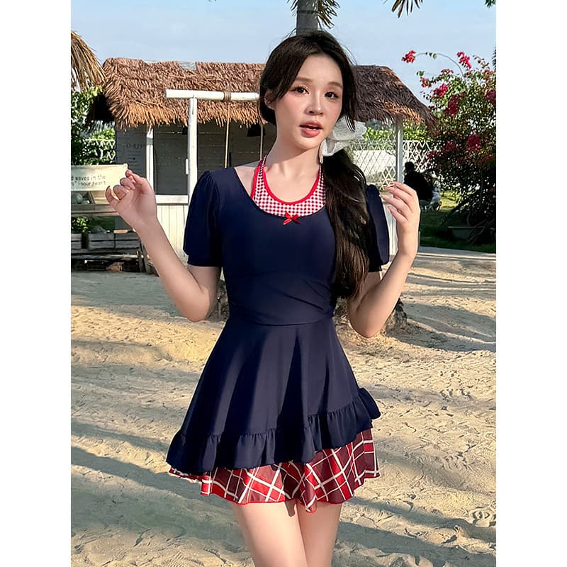 Pequeno fresco maiô de uma peça estilo saia feminina tamanho grande gordura mm mais magro olhar conservador azul marinho