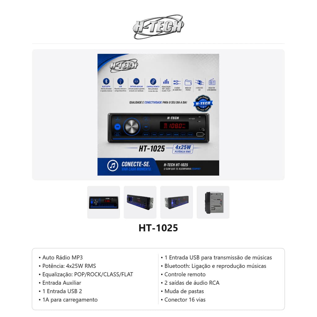 Auto Rádio MP3 H-Tech HT-1025 Bluetooth USB Auxiliar 4x25W RMS Com Controle