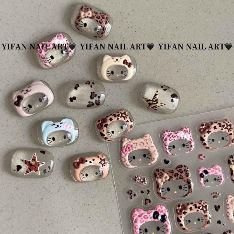 Leopardo impressão kitty tridimensional geléia chapelaria polegar kitty Manicure adesivo brincalhão dos desenhos animado