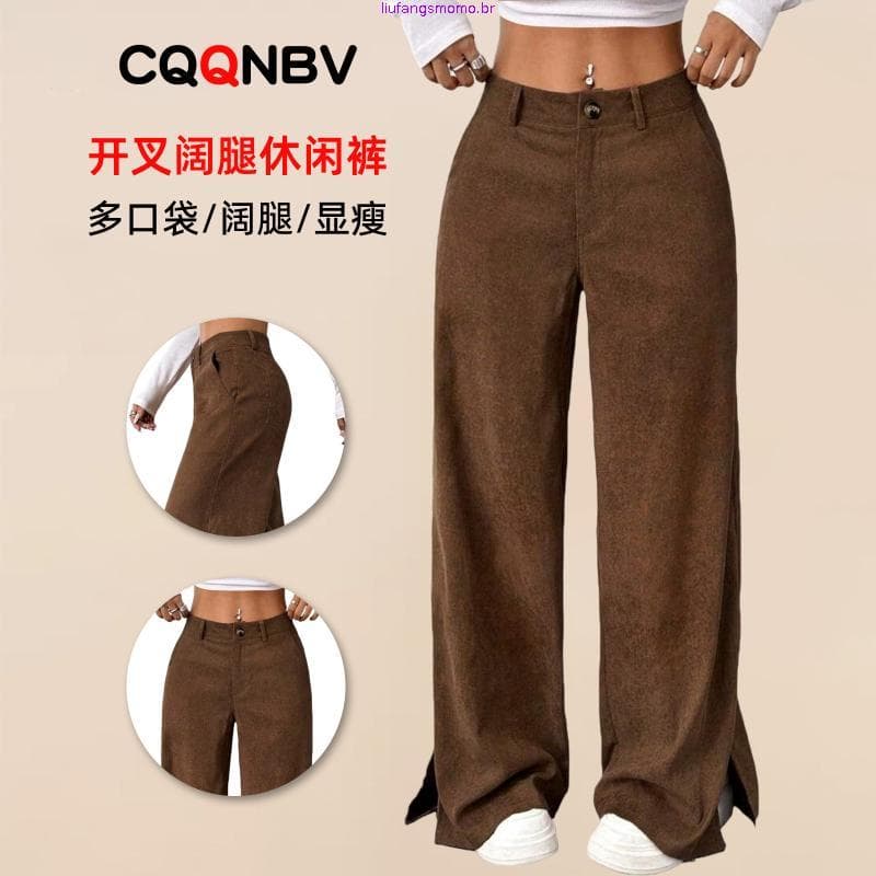 Calça Feminina Casual De Veludo Cotelê , Cintura Média , Ajuste Solto , Bainha , Perna Reta , Para Outono E Inverno