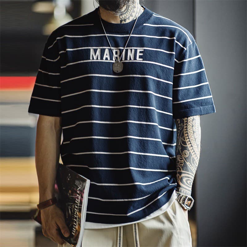 Moderno ferramentas americano Retro contraste cor listrado de manga curta camiseta carta impressão meia manga mar alma c