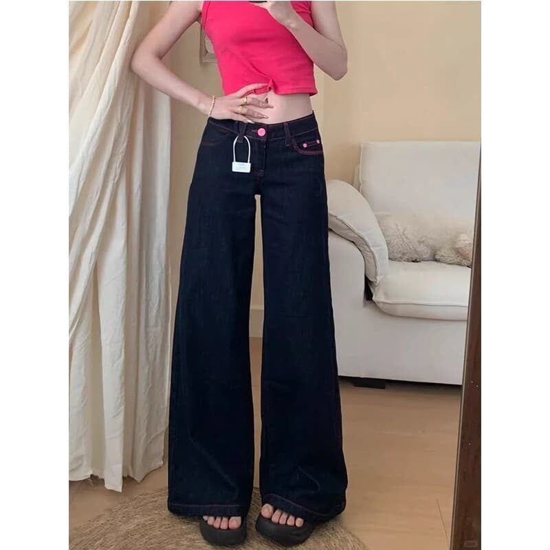 Alto americano Retro azul escuro cintura baixa Jeans feminino novo estilo solto All-Match mais magro olhar chão-esfregan