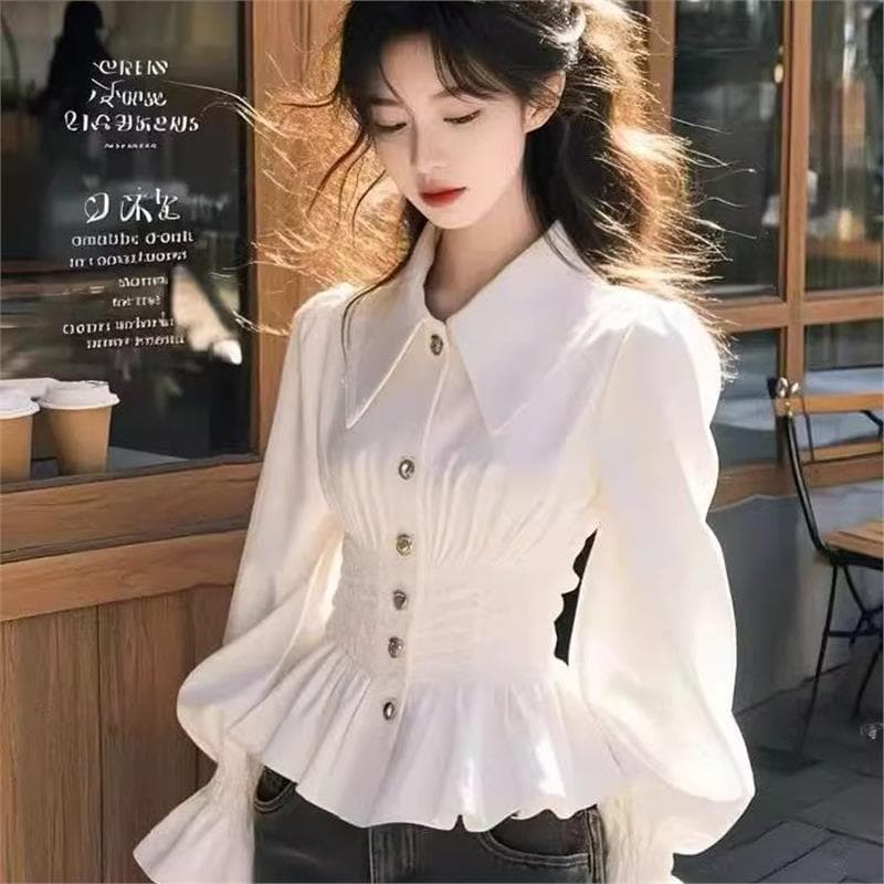 Doce estilo suave branco High-End camisa de manga comprida feminina primavera outono estilo francês cintura estreita mai