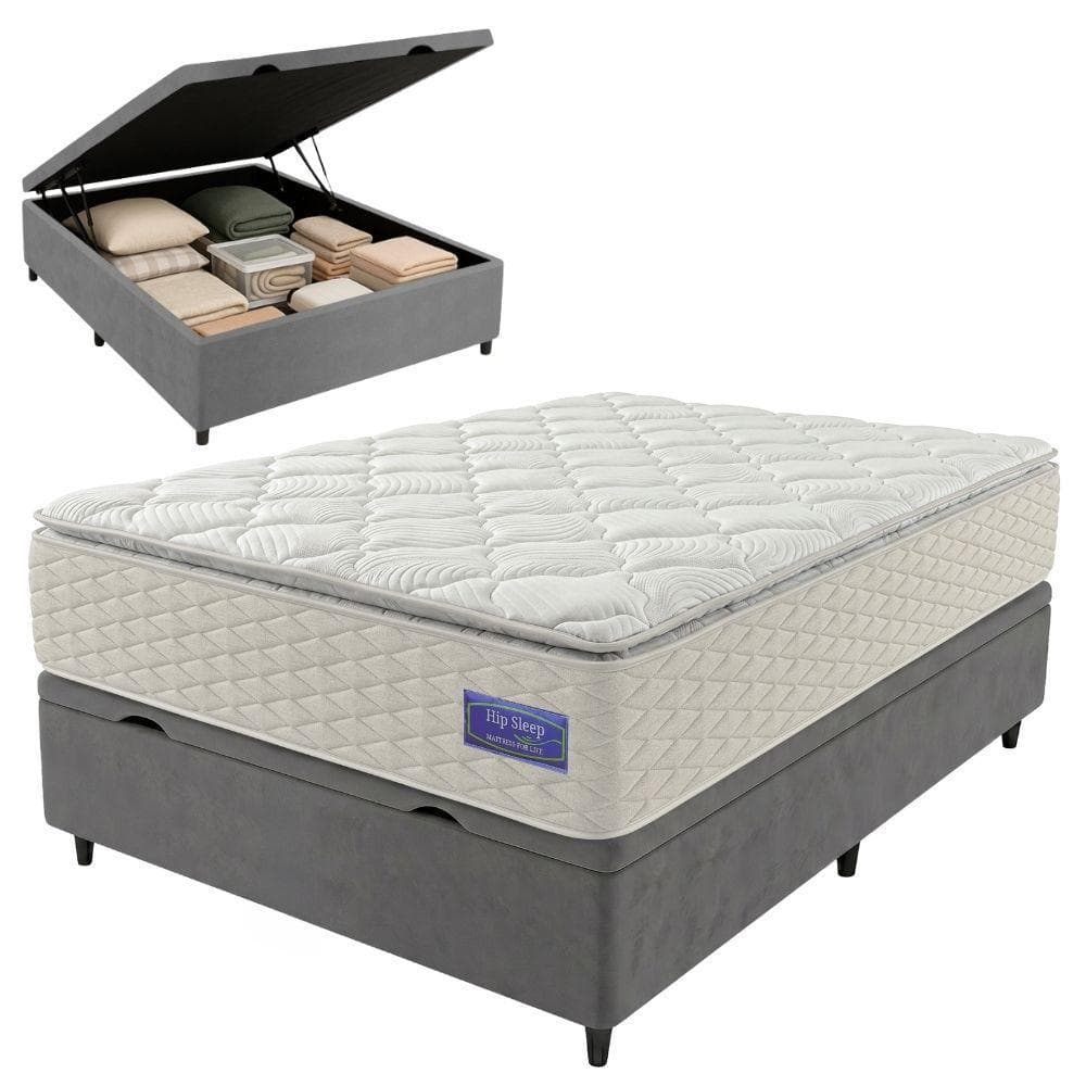 Cama Box Baú Casal Colchão Ortopédico Atena Molas Ensacadas Pillow Top 138x188x79cm Hip Sleep