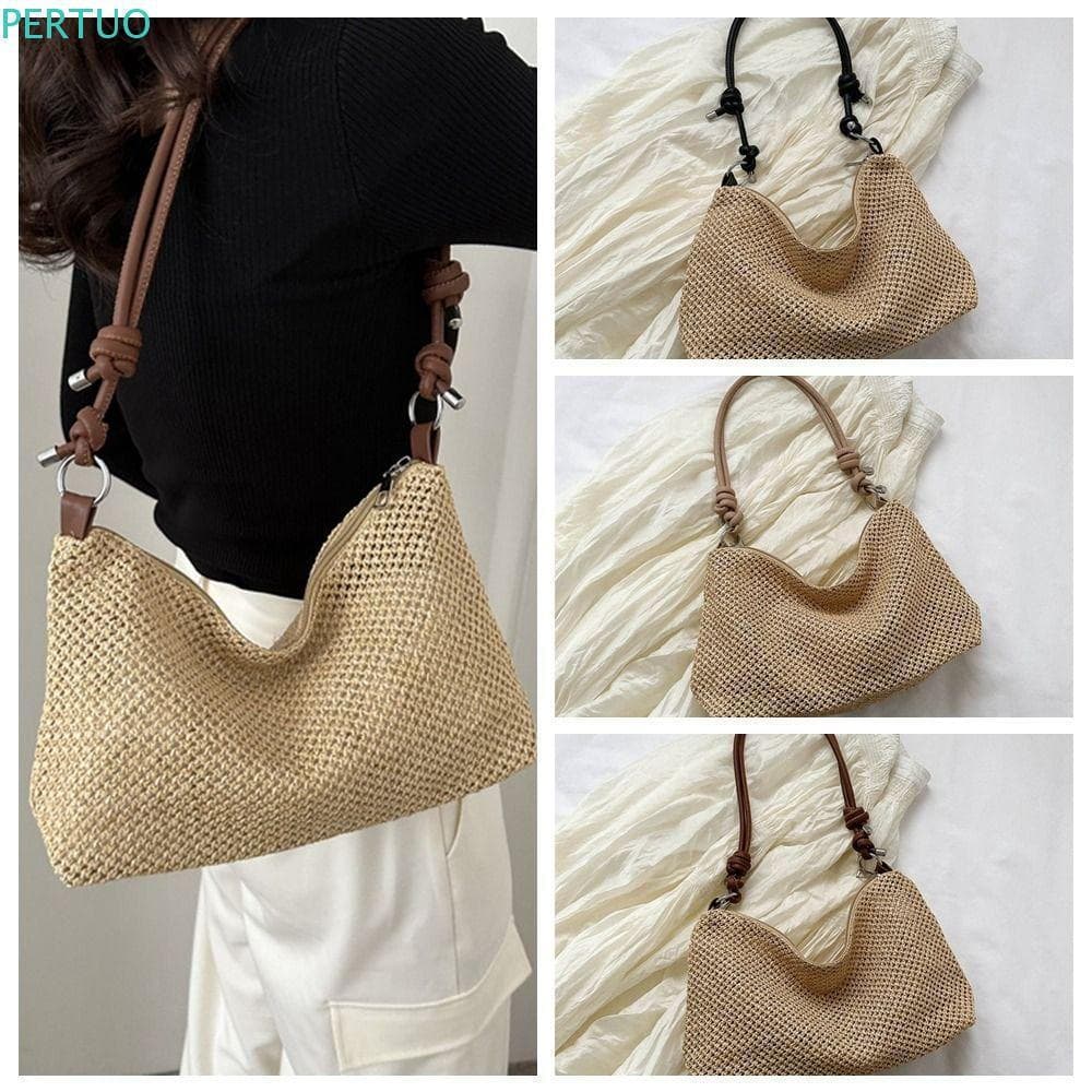 Bolsa De Ombro Tecida PERTUO , Crossbody De Palha Estilo Boêmio De Grande Capacidade , Alça Ajustável