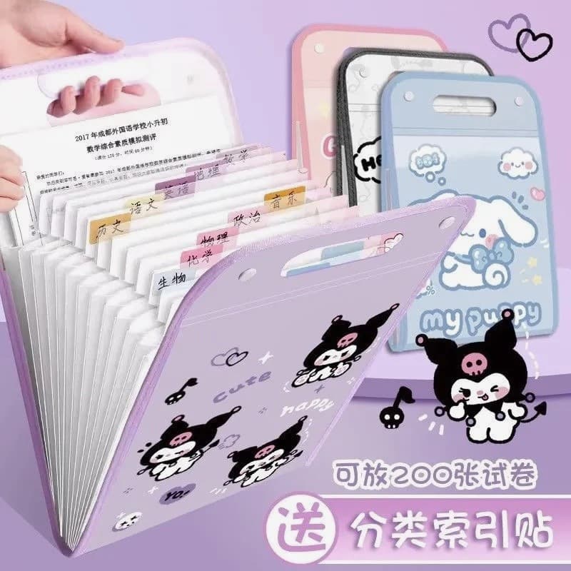 Sanrio Cinnamon Dog Kuromi Melody Saco de papel para teste de estudante Saco de armazenamento Saco de classificação de c