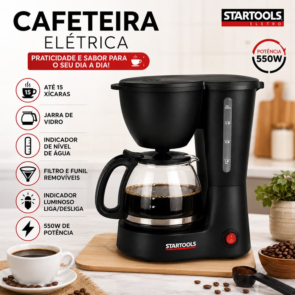Cafeteira Elétrica Startools 550W 600ml Com Jarra De Vidro Filtro Removível 15 Xícaras