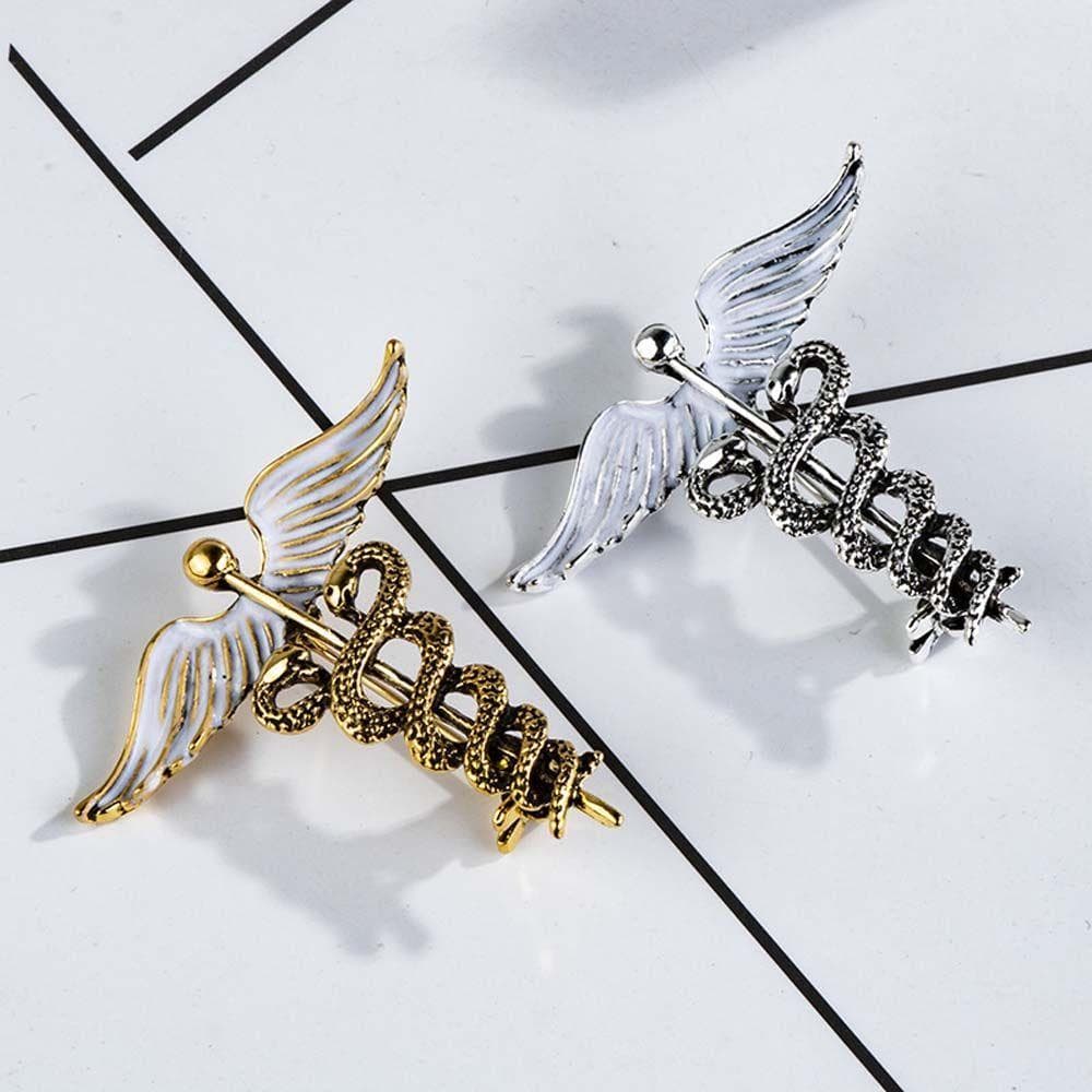 Broche Esmaltado De Metal Asas De Anjo Caduceus Cobra