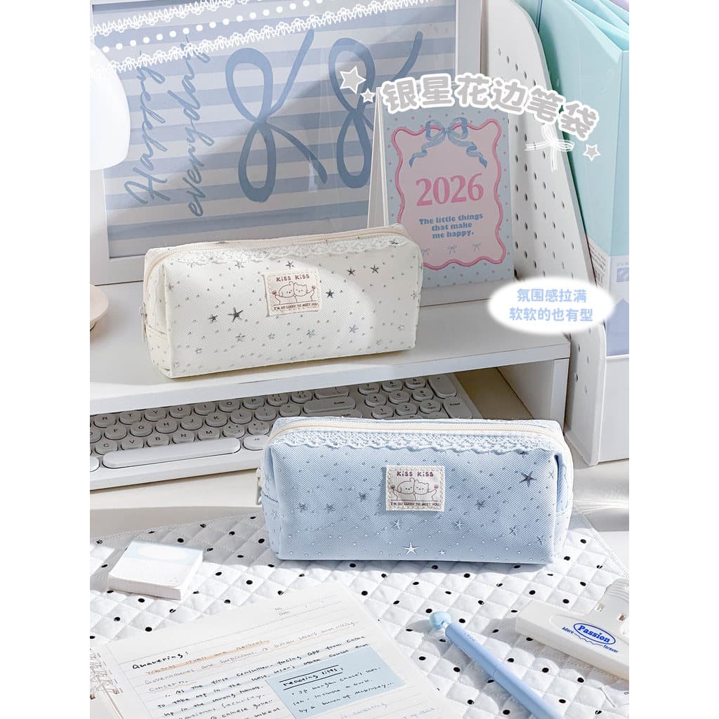 2026 Novo produto 2026 Estojo de lápis de renda estrela prateada estilo de alto valor Bolsa de papelaria de grande capac