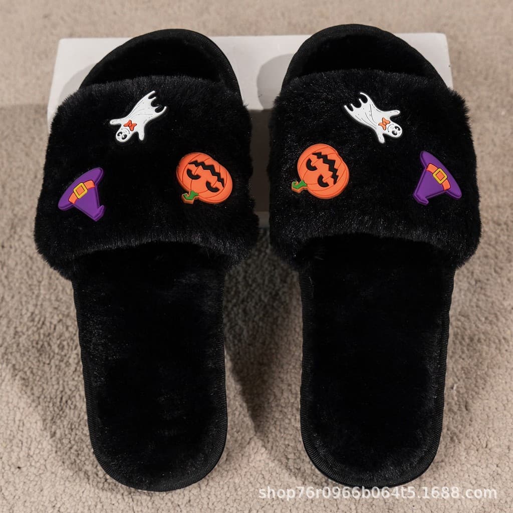 2026 novo estilo Halloween chinelos de pelúcia feminino preto abóbora fantasma bruxa adesivos dedo do pé aberto chinelos