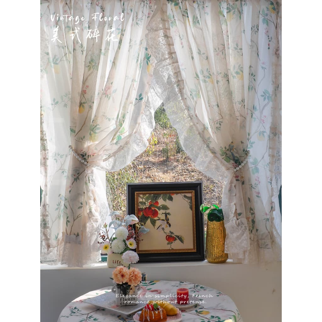 2026 novo estilo americano Retro Floral atmosfera Velcro gaze cortina quarto Bay janela sala de estar cortina sem perfur