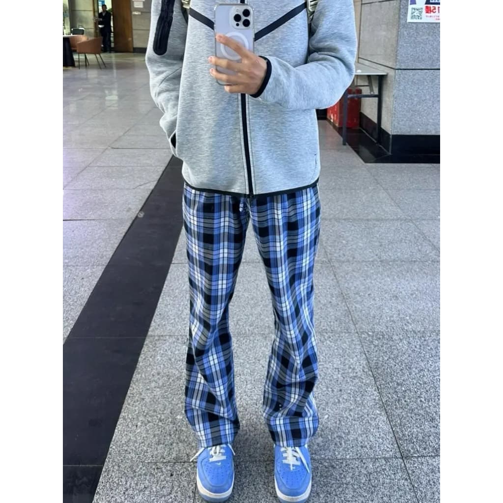 Americano azul xadrez Machete calças masculinas verão estilo fino respirável calças casuais High Street rufião bonito Al