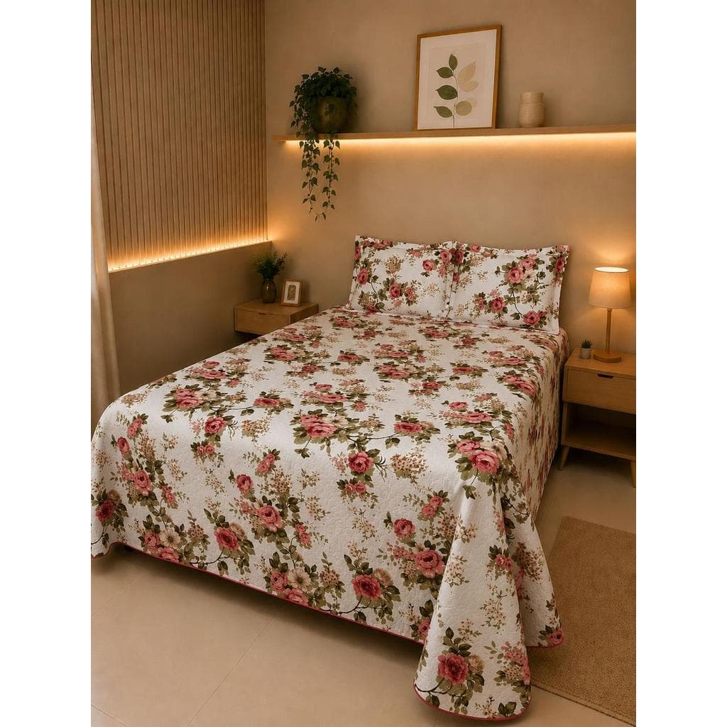 Kit Colcha Cobre Leito Estampado, Dupla Face, 3 peças, Matelado  - Casal Queen