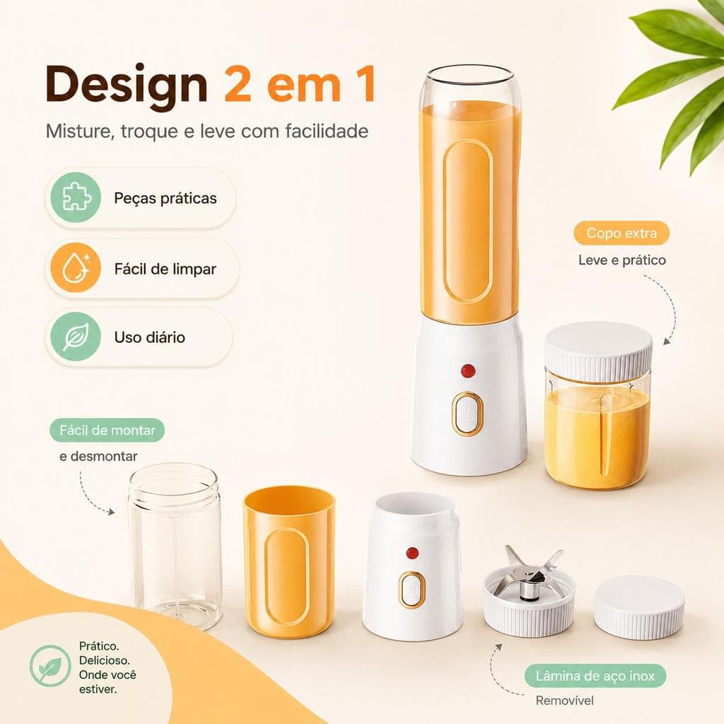 Liquidificador Portátil 2 em 1 com Copo Extra, Mini Mixer para Sucos, Smoothies e Papinhas, Compacto e Fácil de Levar