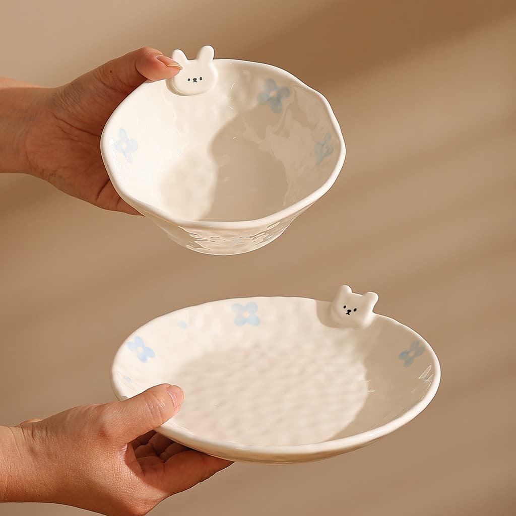 Conjunto de talheres de cerâmica Underglaze Color | Pratos de copo em relevo feitos à mão, pratos, caixa de presente de