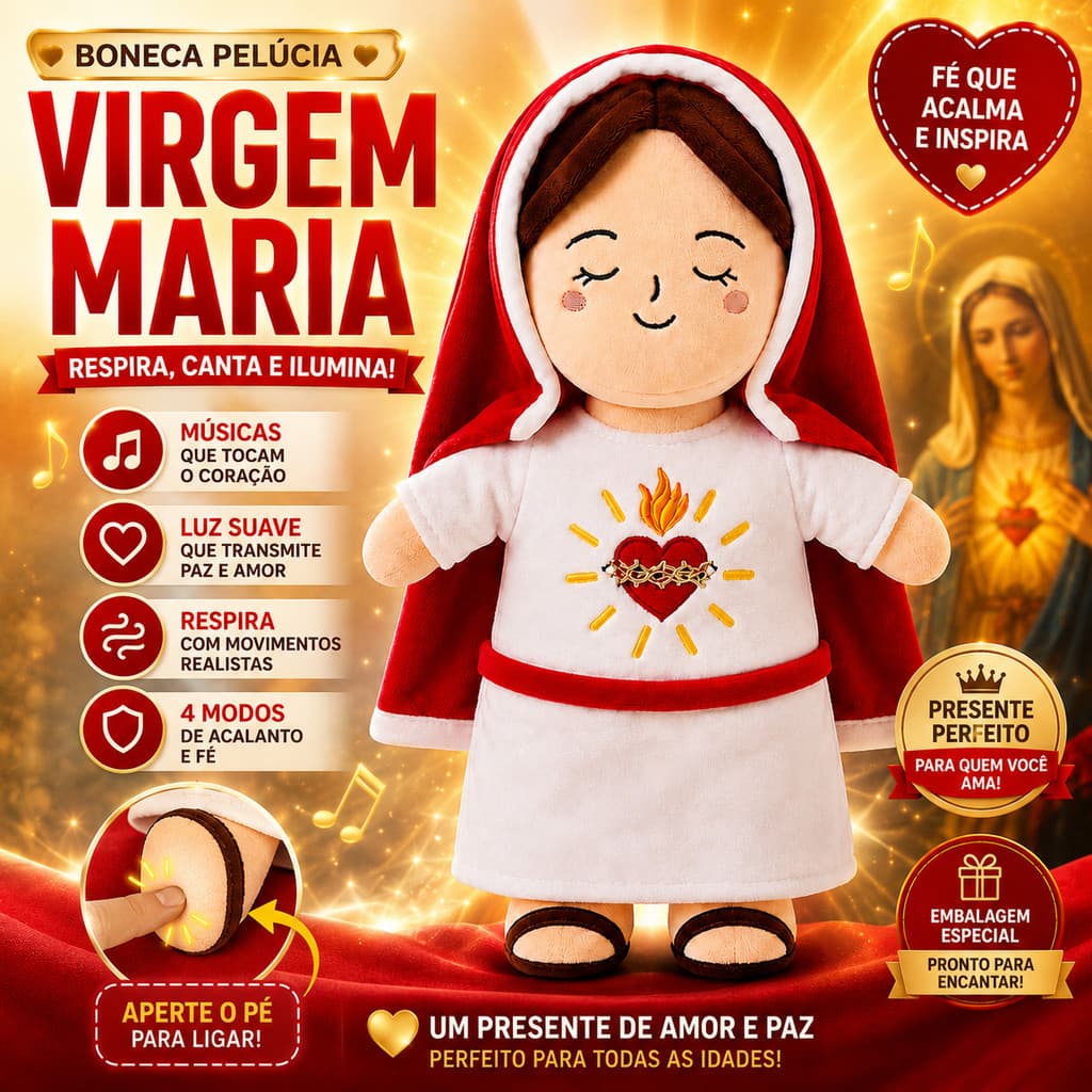 Brinquedo Virgem Maria Boneca Pelúcia 38cm Respira Luz Música Acalmar Dormir Protege Sono Infantil