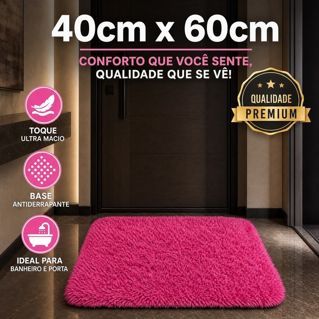 Tapete Capacho Peludo 40x60cm para Banheiro e Porta - Antiderrapante e Super Macio
