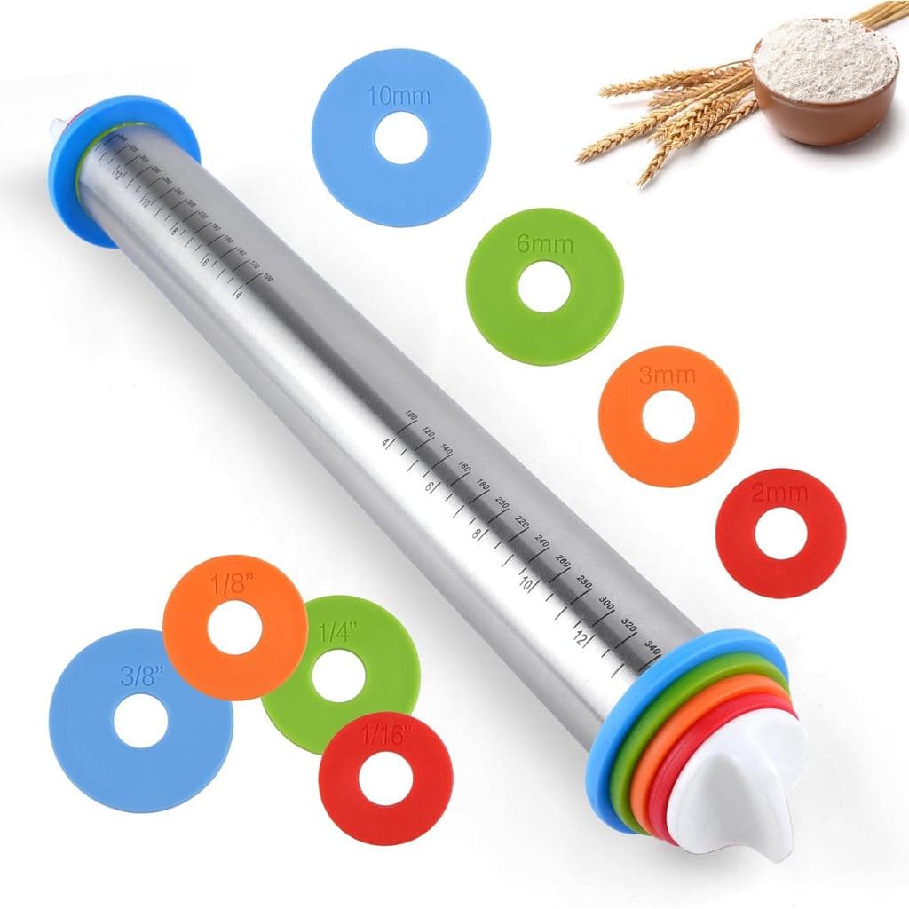 Rolo de Massa Ajustável com 4 Anéis de Espessura para Confeitaria, Rolo de Massa de Aço Inoxidável de 17” com Marcações