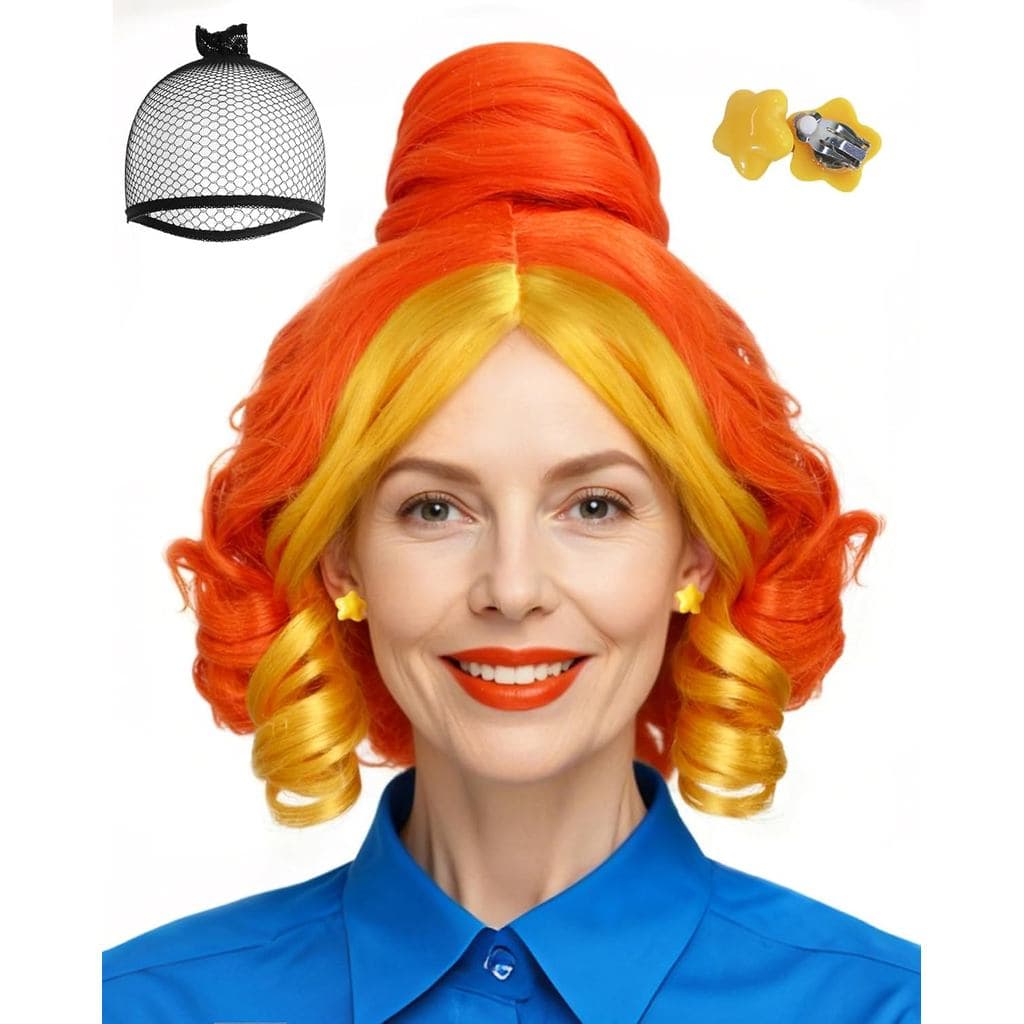 Conjunto de 4 Peças: Peruca Laranja com 2 Presilhas de Orelha em Forma de Estrela para Fantasia de Halloween, Perucas On