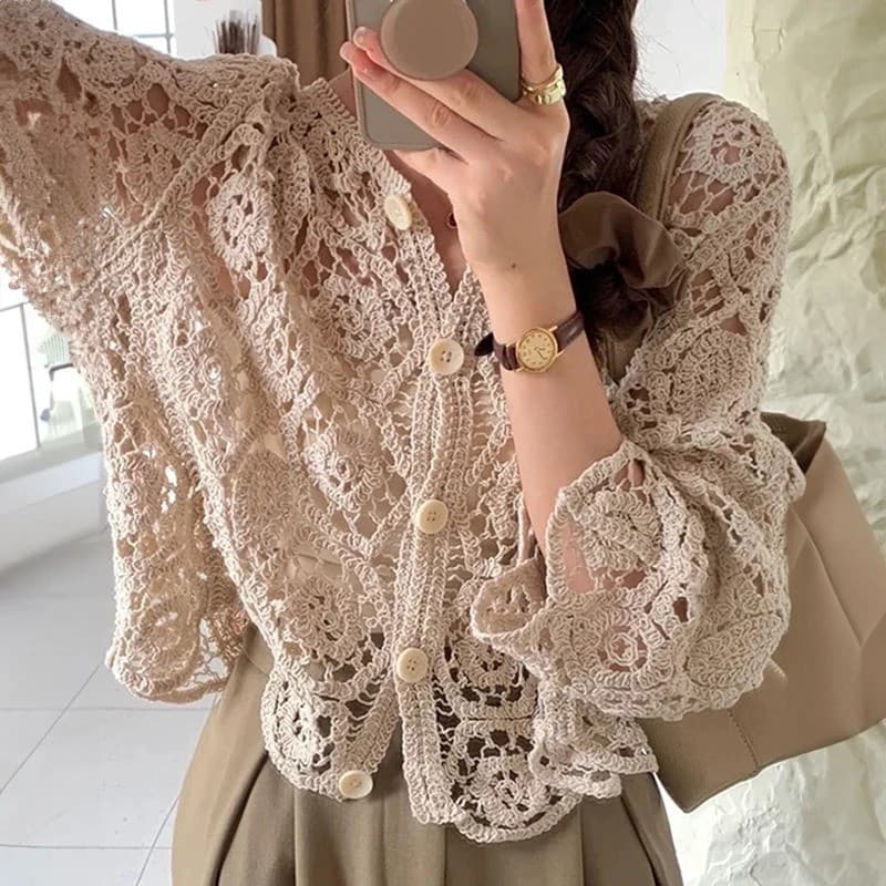 Blusa de Crochê de Praia com Mangas Longas, Cardigã com Botões, Blusa Feminina para Férias, Roupas Boho 0781