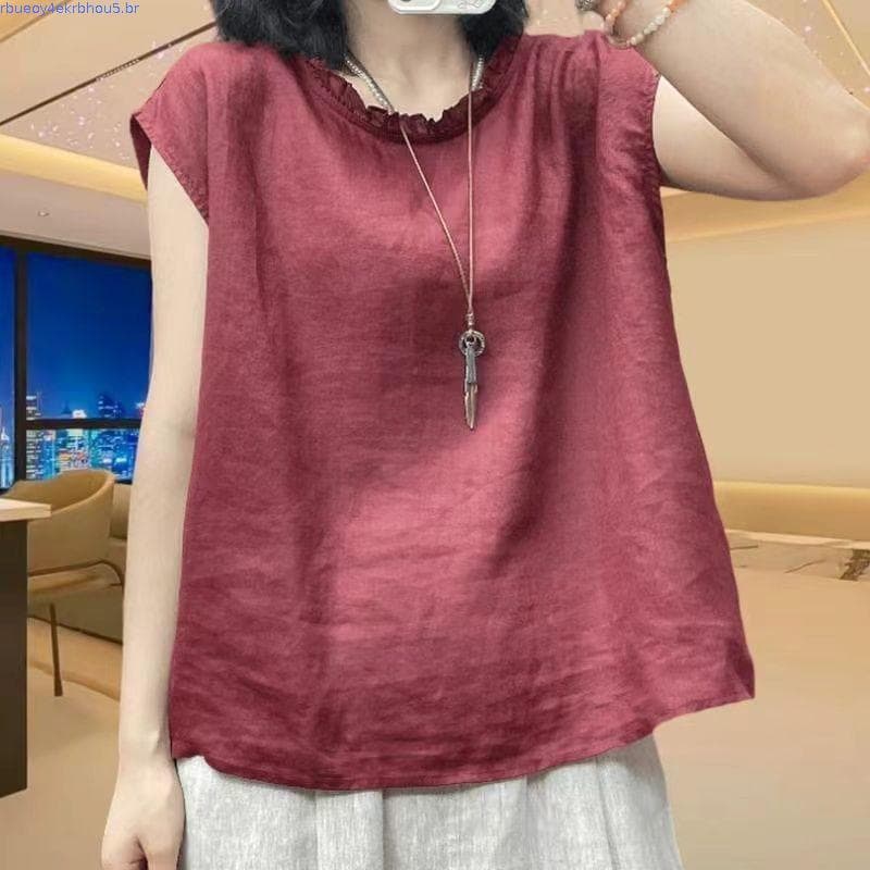 Csa Feminina Casual De Algodão Sem Mangas Com Gola Redonda E Renda Solta