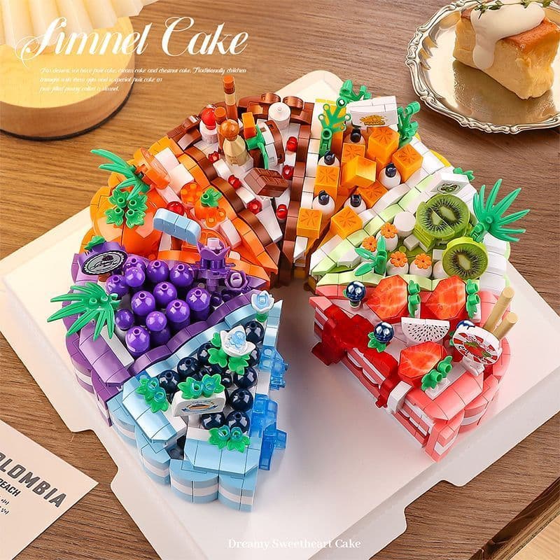 Blocos de construção de bolo de aniversário de frutas coloridas, modelo montado à mão, compatível com enfeites de Lego,