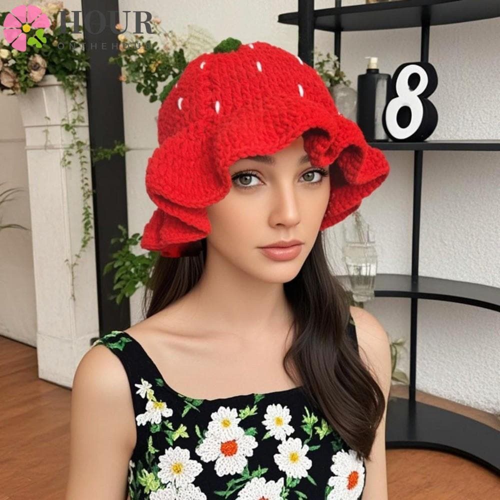 Chapéu De Malha HOUR , Pescador Vermelho Quente Fio Oco Com Design De Morango Feito À Mão Doce Para Menina