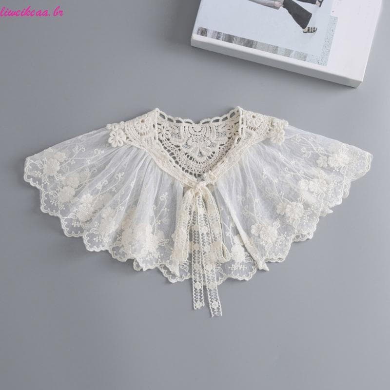 Liweikea Feminino Bordado Floral Renda Xale Destacável Falsa Chiffon Plissado Lenço Laço Elegante