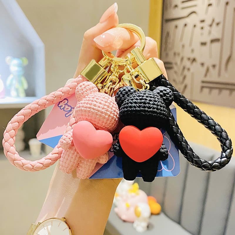 Chaveiro de Urso Trançado com Coração Exquisito, Feminino, Rede Vermelha, Boneca, Pingente para Carro, Casal Z0AH