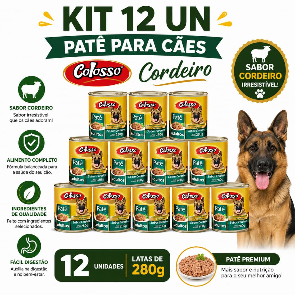 Kit 12 Un - Pate para Cães Colosso Cordeiro 280g