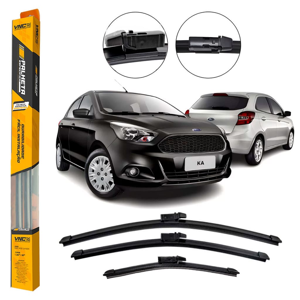 Kit 3 Palhetas Limpador de Parabrisa Dianteiro + Traseiro Novo Ford Ka 2013 2014 2015 2016 Até 2022