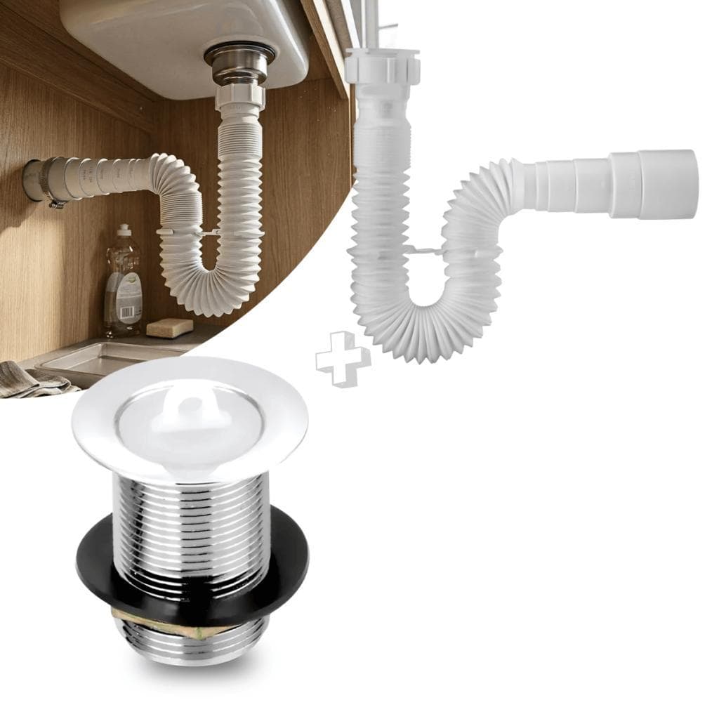 Kit Sifão Branco 70cm + Válvula Tanque 1.1/4 Metal Cromado Bruen Instalação Fácil