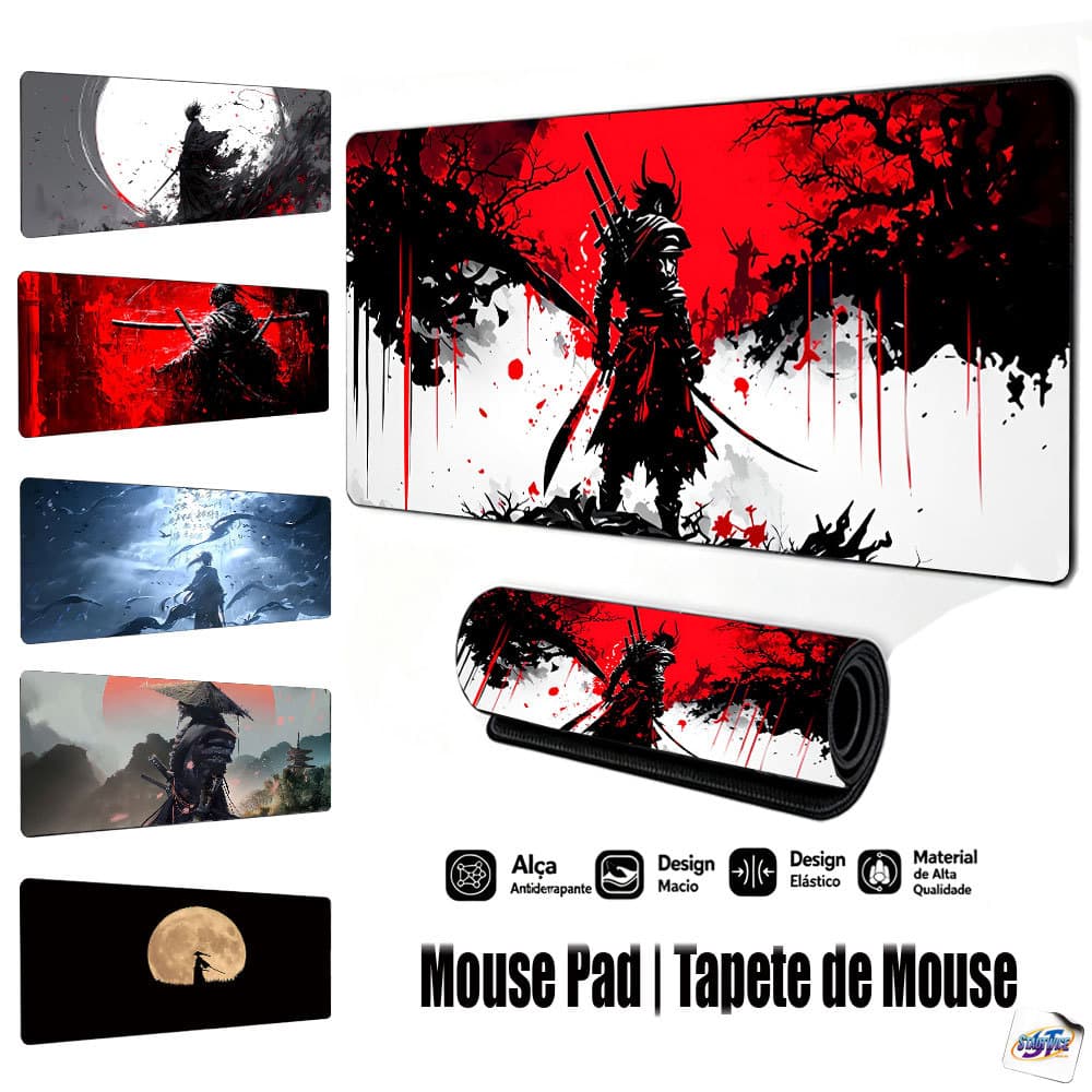 Mouse Pad Gamer Tapete de Mouse 80x30cm Samurai Vermelho e Preto Antiderrapante Borda Costurada FPS Escritório