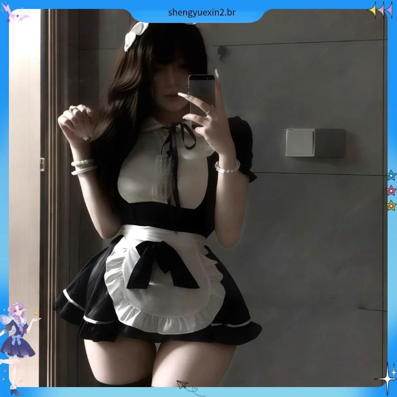 Molho Ou Sweetheart * 40-100kg Sweet Cute Maid cos Uniforme Avental com cadarço Vestido com laço