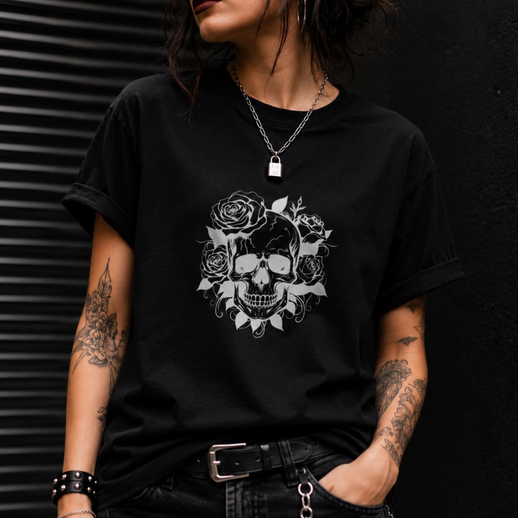 Blusa Rock Feminina Camiseta Preta Caveira Estilo Alternativo Street Fashion Casual Rock In Rio