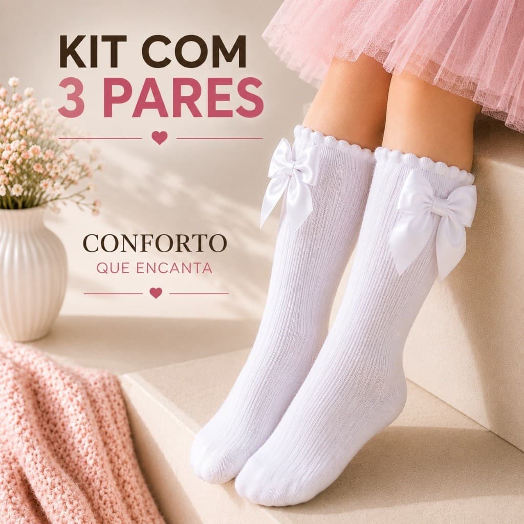 Kit com 3 Meias Infantil 3/4 Festa com Laço de Cetim – Cano Longo até o Joelho para Menina Fashion