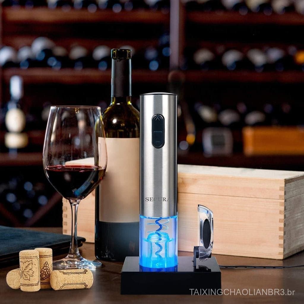 Abridor de Vinho Elétrico Secura, Abridor Automático de Garrafas de Vinho com Cortador de Lacres, Recarregável (Aço Inox