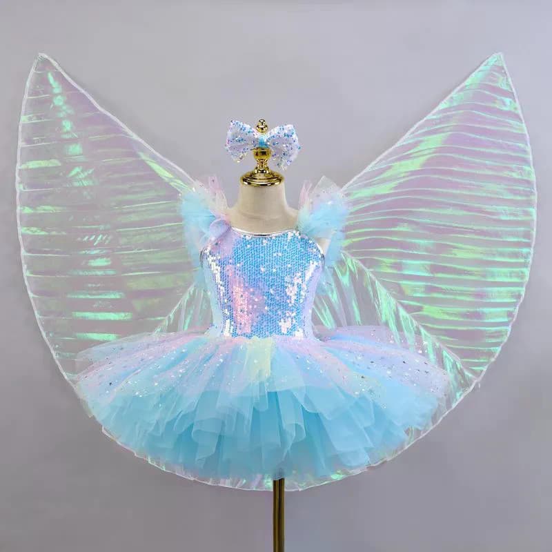 [WDF] Fantasia de balé com lantejoulas piscantes para meninas, vestido de gaze fofo, vestido de Performance de dança de