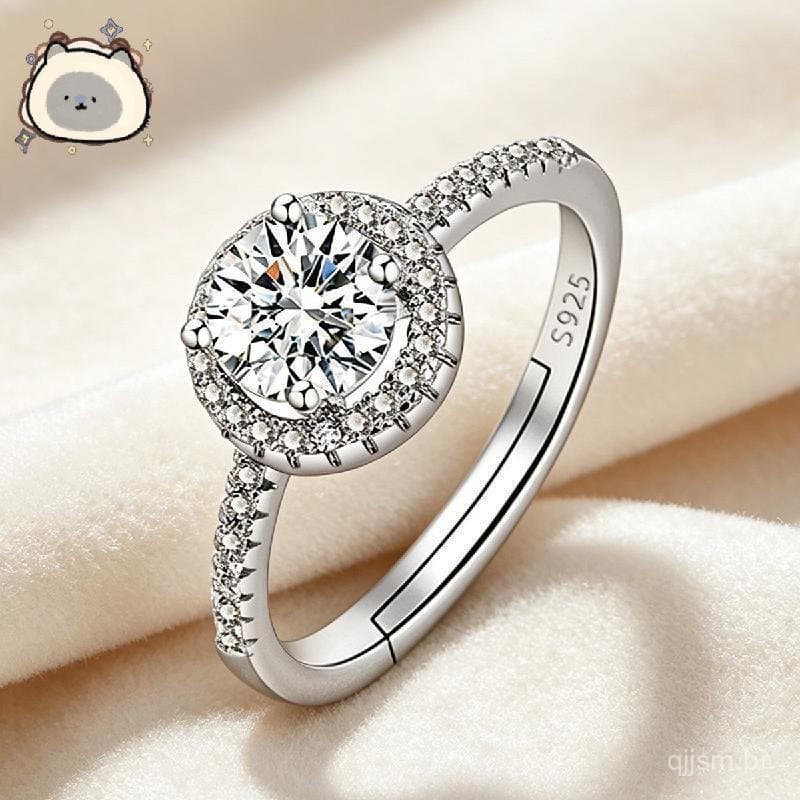Anel de Diamante e Safira Branca CTW Feito de Prata Esterlina Estilo Halo