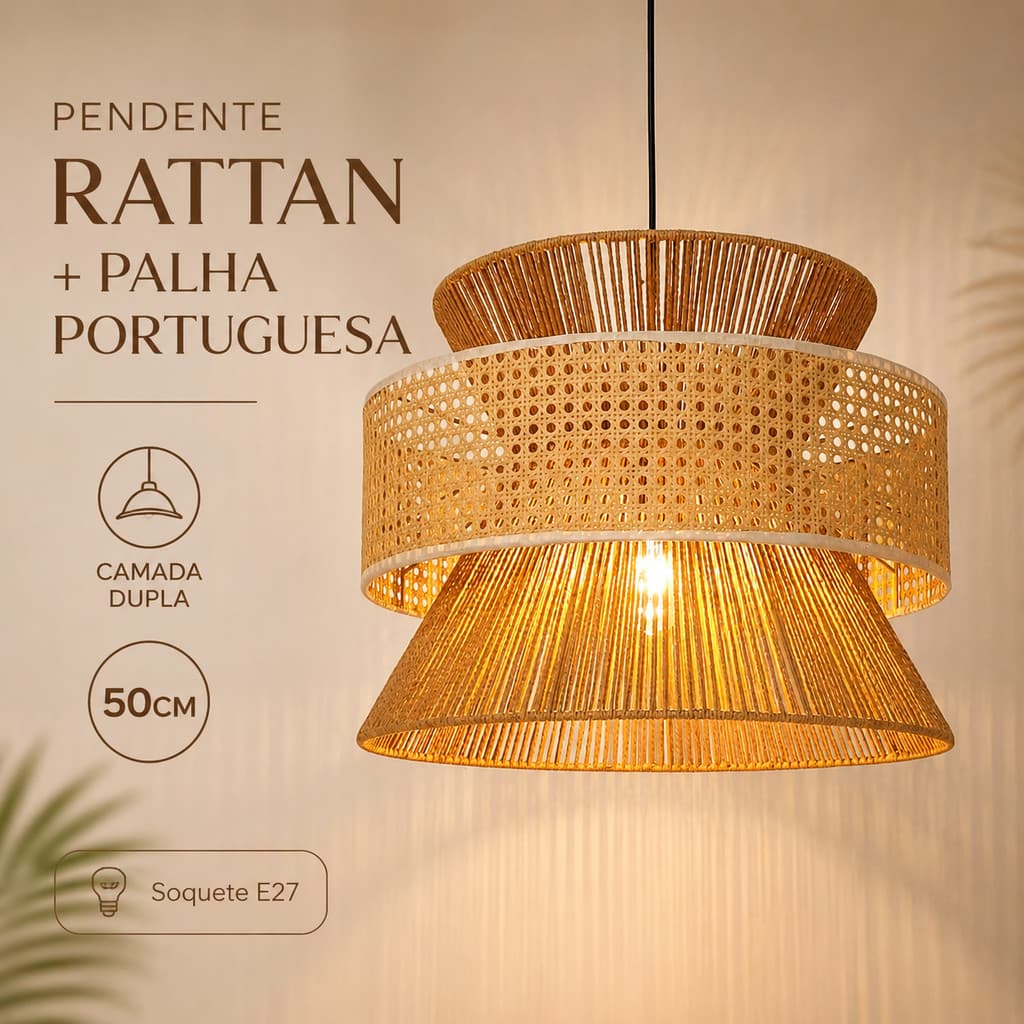 Pendente Rattan E Palha Portuguesa Camada Dupla 50cm Lustre Rustico Sala Jantar Quarto Bivolt