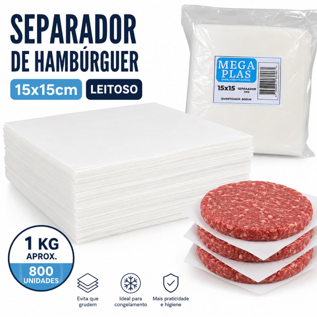 Separador para Hambúrguer 15x15cm Leitoso 800 Unidades Papel Plástico Antiaderente para Congelamento