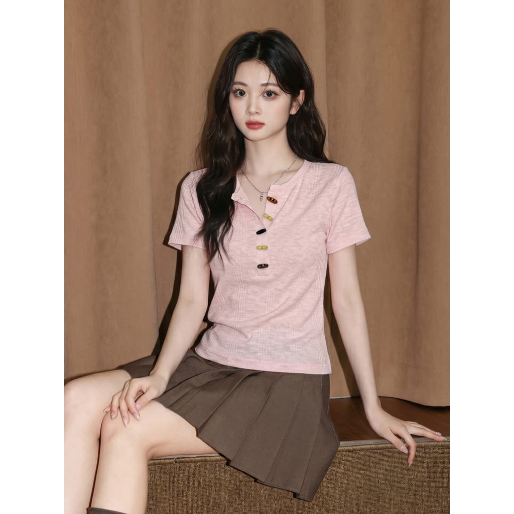 Rosa com decote em V ombro de manga curta camiseta feminina 2026 verão novo estilo francês Henry colarinho Design mais m