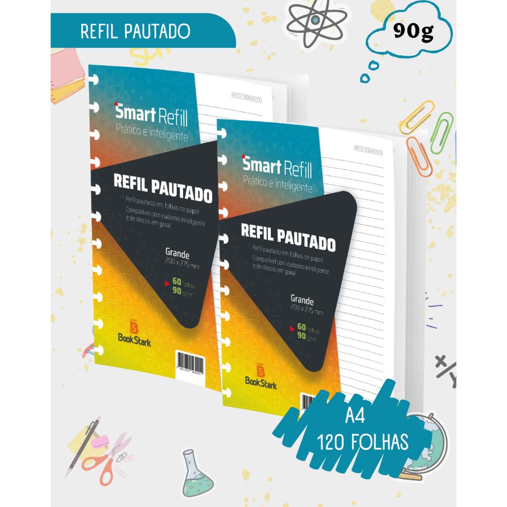 Kit 2 Refil Pautado Para Caderno Inteligente 11 Discos 200X275mm- 120 Folhas Grandes