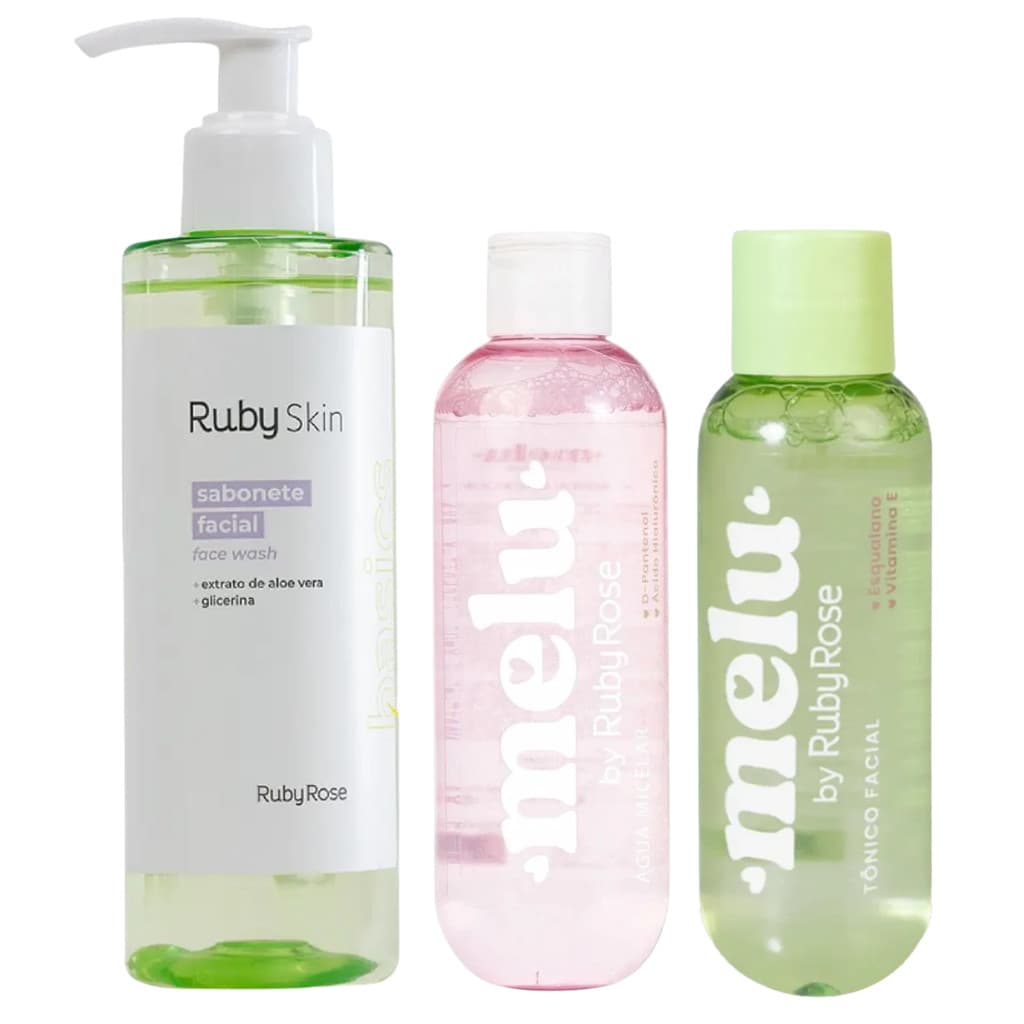 KIT SABONETE FAFIAL RUBY SKIN 190ML + TONICO FACIAL MELU 100ML + AGUA MICELAR MELU 100ML RUBY ROSE