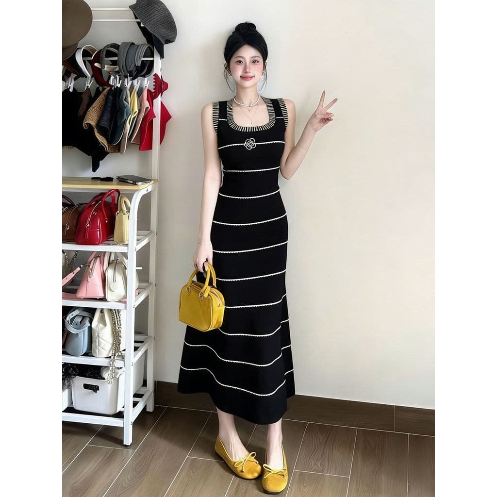 Vestido de malha listrado colete justo esqui